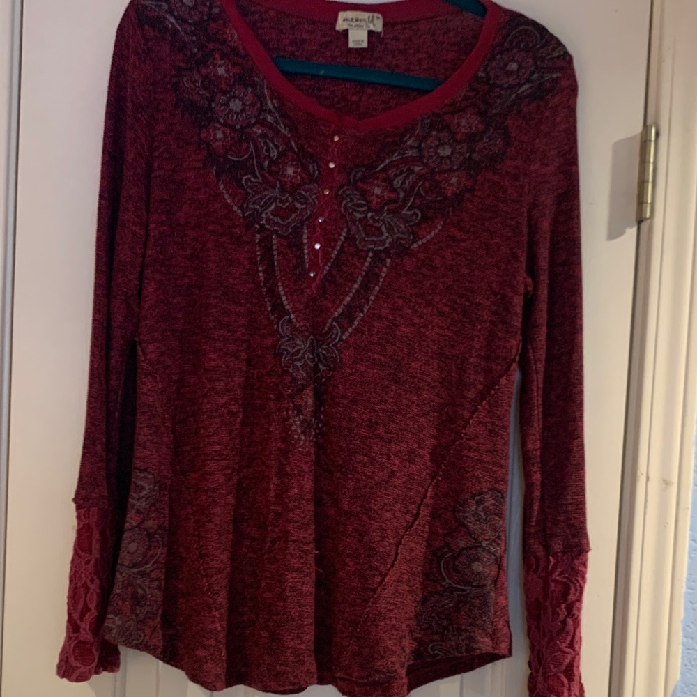 ONE WORLD Red Long Sleeve Top with Embroidery